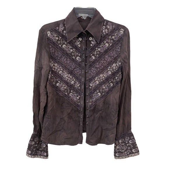Escada upcycled OOAK Dyed silk embroidery long sleeved button up 38 small - Picture 12 of 13